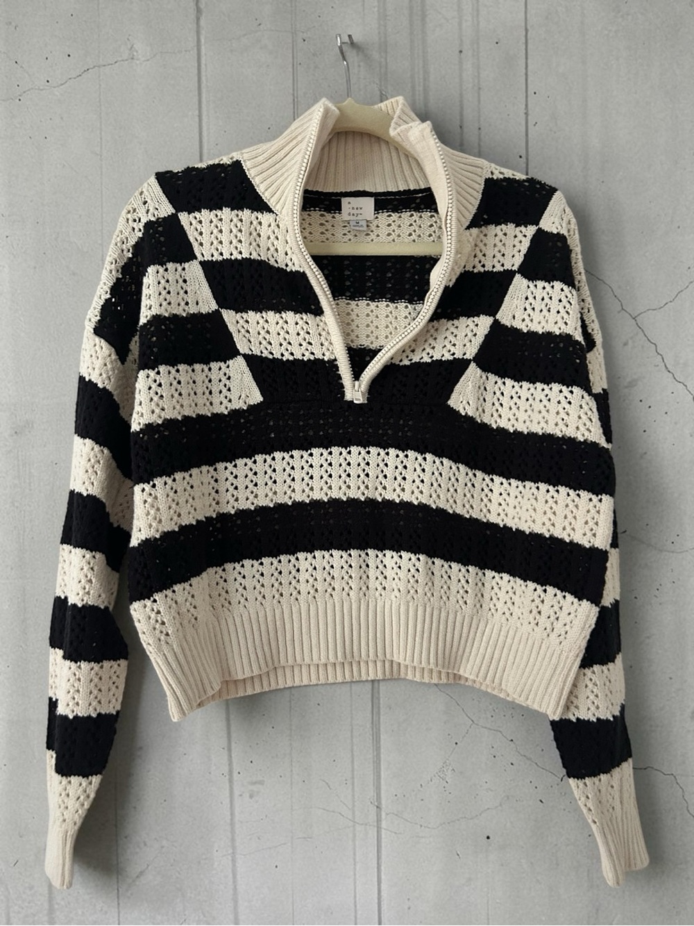 a new day Black and Cream Striped Half-Zip Cowl Sweater